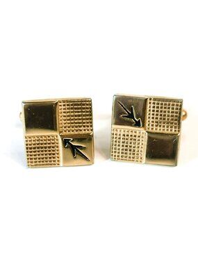 Vintage Gold Tone Square Cufflinks Black Enamel Engine Turned Design